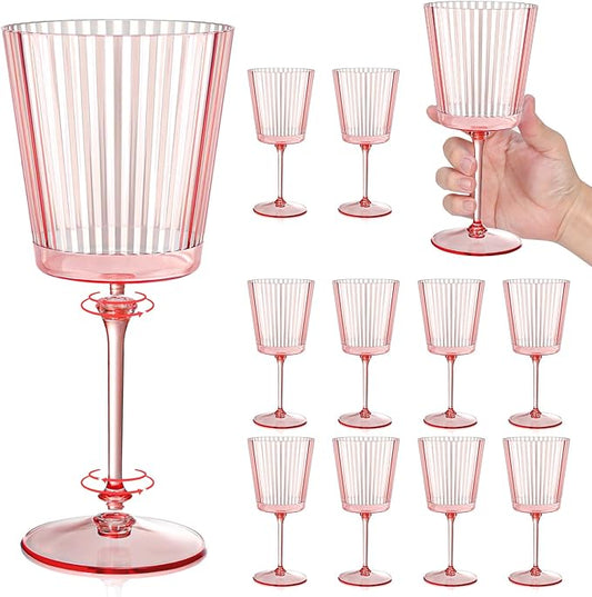 12 PCS Pink Plastic Wine Glasses with Removable Stems 13.5 Oz Pink Ribbed Wine Glasses Square White