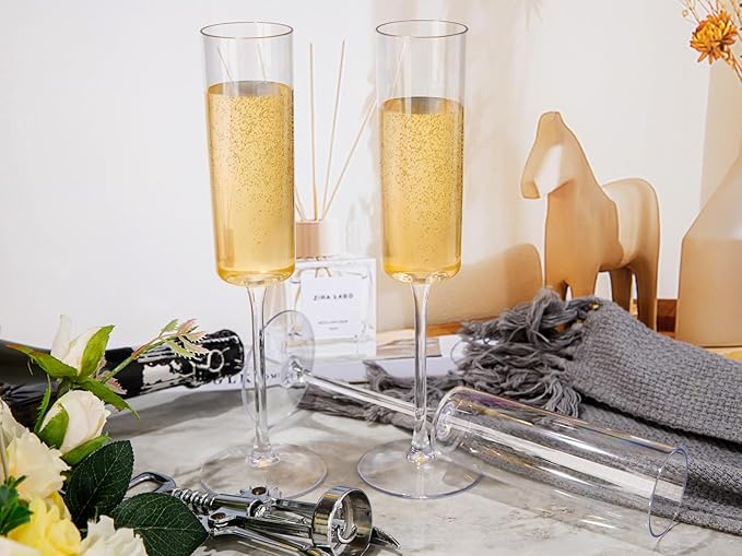 Ciaell 12 Pack Plastic Champagne Flutes - 6 Oz Clear Disposable Champagne Glasses - Square Plastic