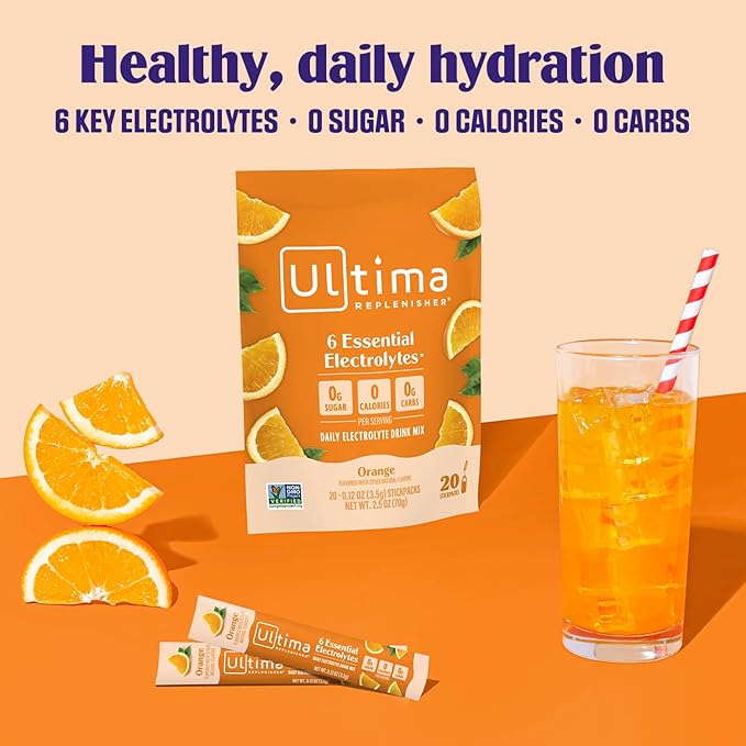 Ultima Replenisher Daily Electrolyte Powder Drink Mix ?“Sugar Free ??Orange, 20 Stickpacks