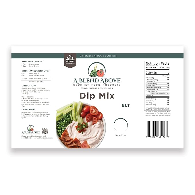 A Blend Above BLT Dip Mix, 3 Packs, 1 oz. Each, Makes 16 Ounces, Gluten-Free, No MSG, All Natural