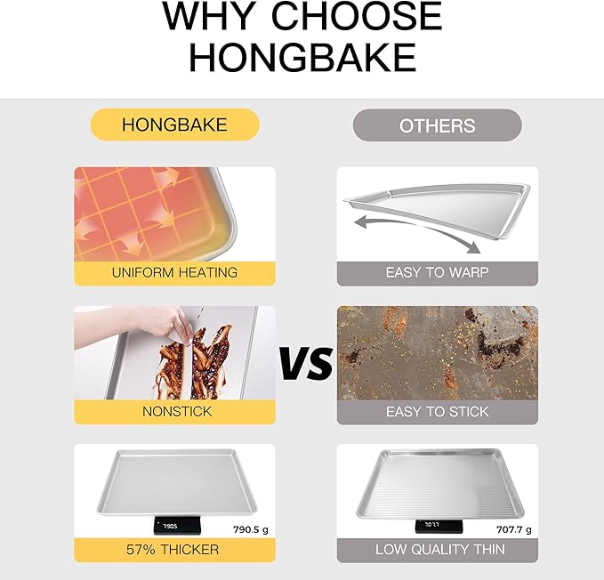 HONGBAKE Half Baking Sheet Pan Set of 2, Nonstick Cookie Sheet for Oven, Heavy Duty 1/2 Commercial