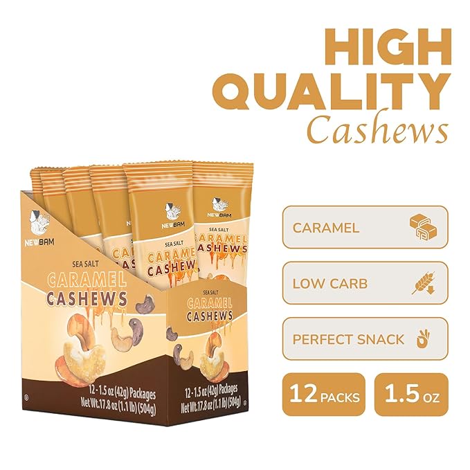 NEWBAM Sea Salt Caramel Cashews Individual Packs - 12 Cashew Snack Packs Roasted Nuts (1.5oz Each)