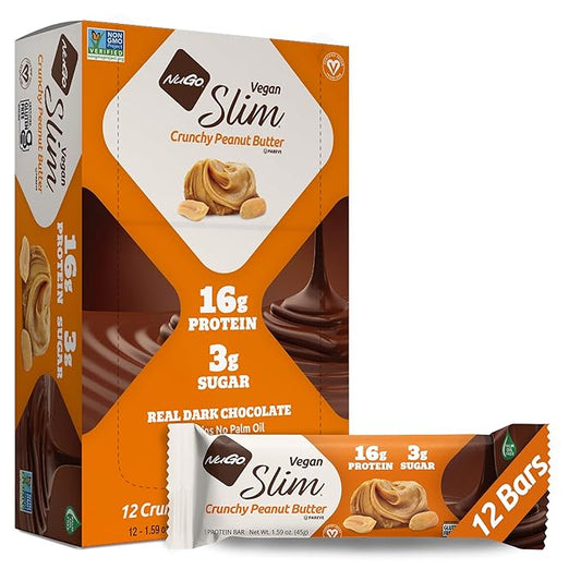 NuGo Slim Dark Chocolate Crunchy Peanut Butter, 17g Vegan Protein, 3g Sugar, 7g Fiber, 180