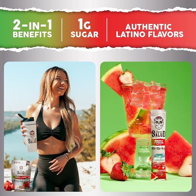 Salud 2-in-1 Energy Drink Powder + Focus, Strawberry Watermelon, Organic Caffeine, B6 + B12