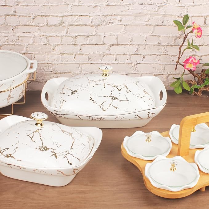 9" x 6.5" Ceramic Casserole Dish with Lid, 34 Ounce Serving Soup Tureen,Chafing Dish for Buffet