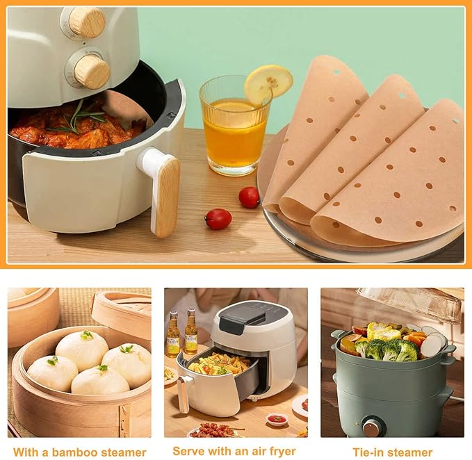 Air Fryer Parchment Paper, 9 Inch Round Liner, 200PC Unbleached Filter Paper for Air Fryers (100