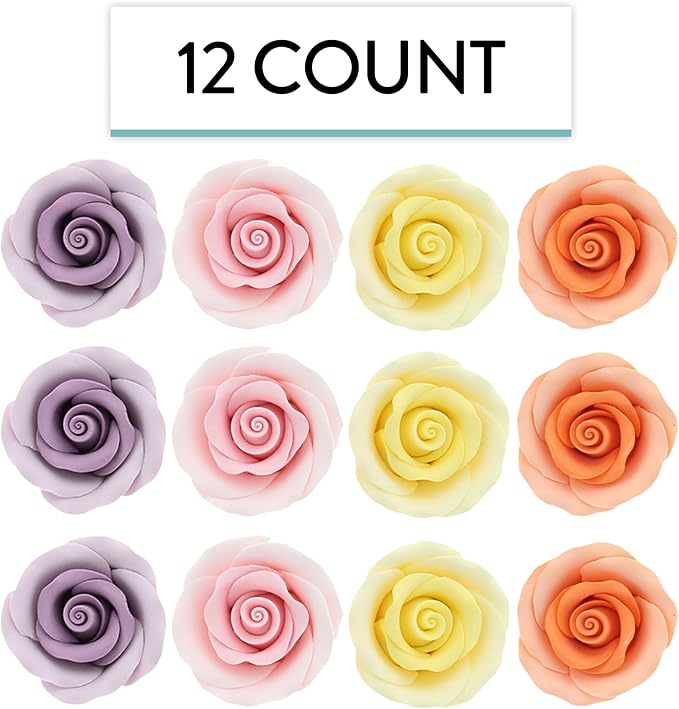 Global Sugar Art Premium Edible Roses, Assorted Spring Colors, Unwired, Medium 1.5 inches, 12 Count