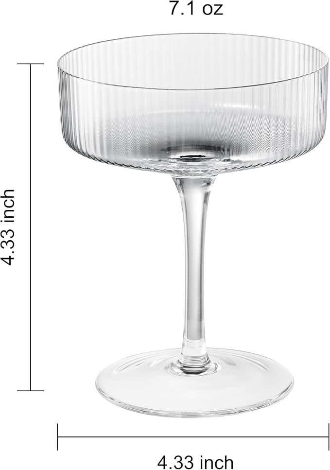 Khen Ribbed Vintage Art Deco Coupe Glasses - Martini, Champagne & Cocktail Ribbed Glasses 12oz |