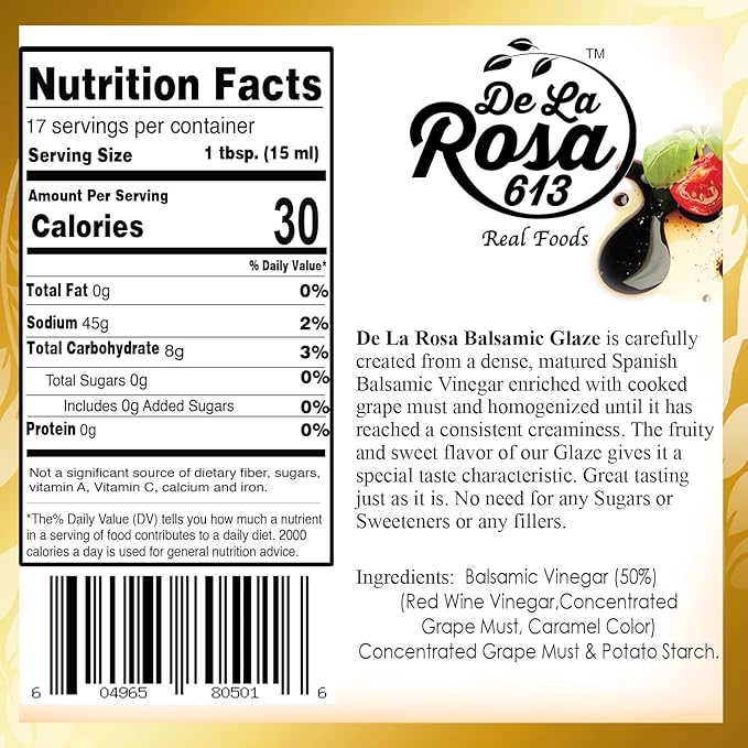 De La Rosa Dark & White Balsamic Glaze, Vegan, Kosher for Passover & Gluten Free, Great for Salad