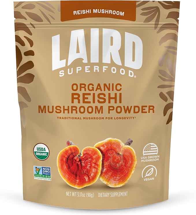 Laird Superfood Organic Reishi Mushroom Powder for Immune Support and Stress Relief, 3.17 oz. Bag