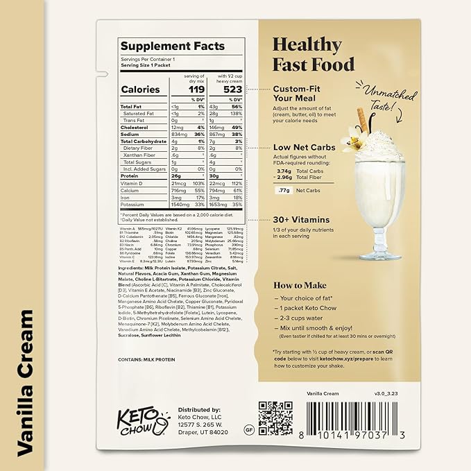 Keto Chow Vanilla Cream - Keto Meal Replacement Shake Powder - Nutritionally Complete - Low Carb