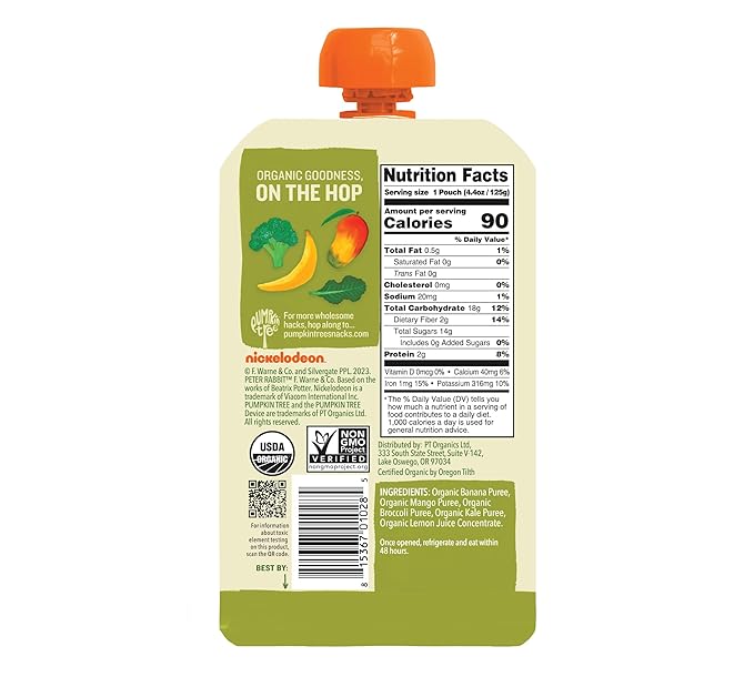 Pumpkin Tree Peter Rabbit Organics, Banana, Mango, and Kale, 4 Squeeze Pouch, Mango, Broccoli &