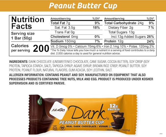 NuGo Dark Chocolate Peanut Butter Cup, 12g Protein Bar, Vegan, Gluten Free, Non-GMO, Kosher Pareve