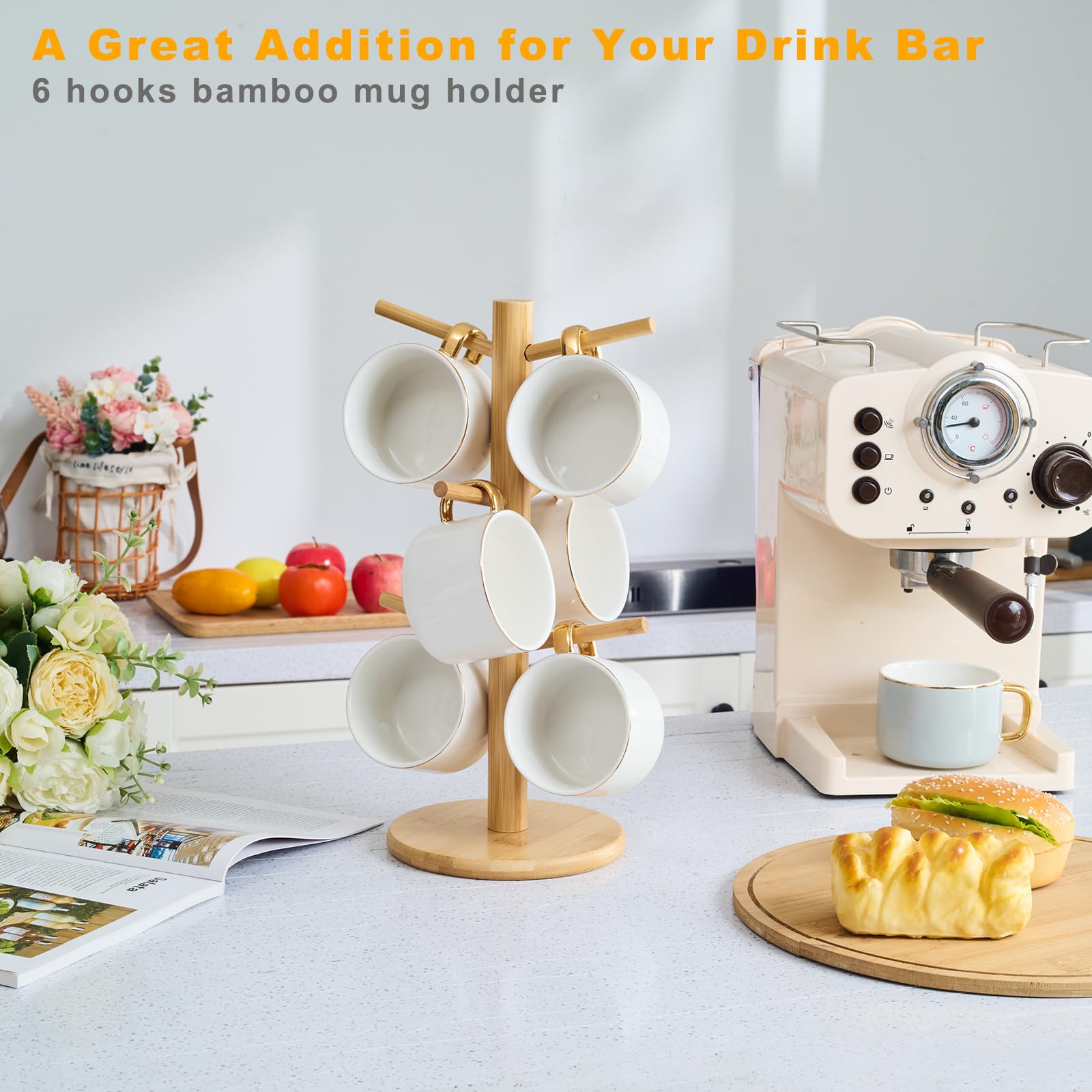 Kelduemi Bamboo Mug Tree for Counter, 6 Hooks Detachable Coffee Mug Holder, Decorative Mug Racks