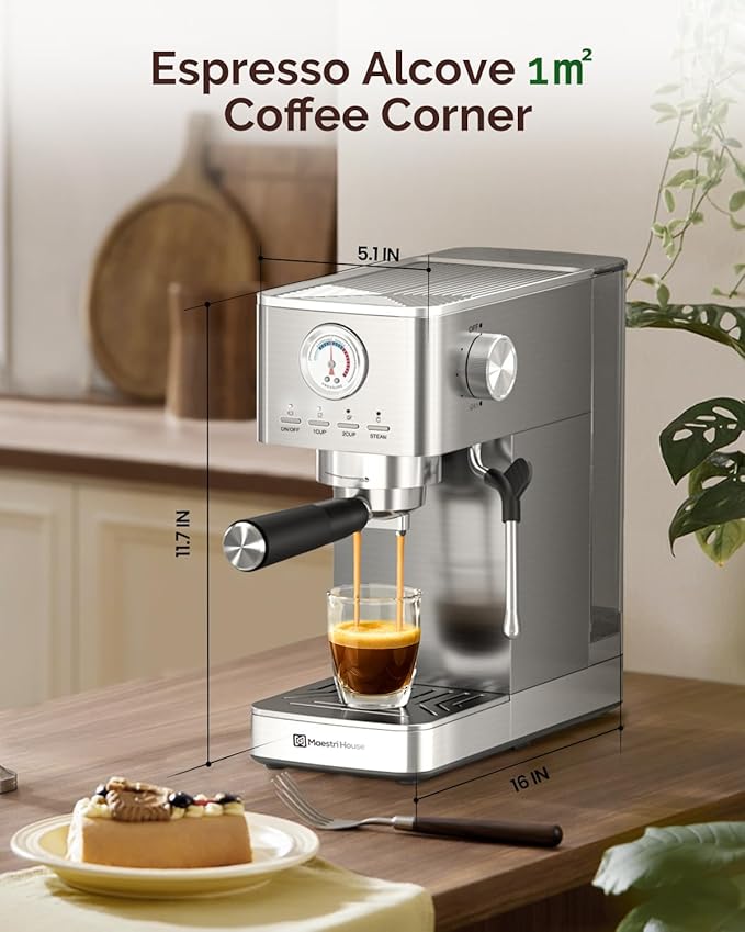 Maestri House Espresso Machine, 20 Bar ULKA Pump, Compact Espresso Maker Built-in Flow Meter Steam