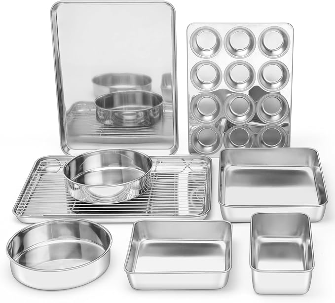 E-far 9-Piece Baking Pan Set, Stainless Steel Bakeware Sets for Sheet Cake Cookie Loaf Muffin