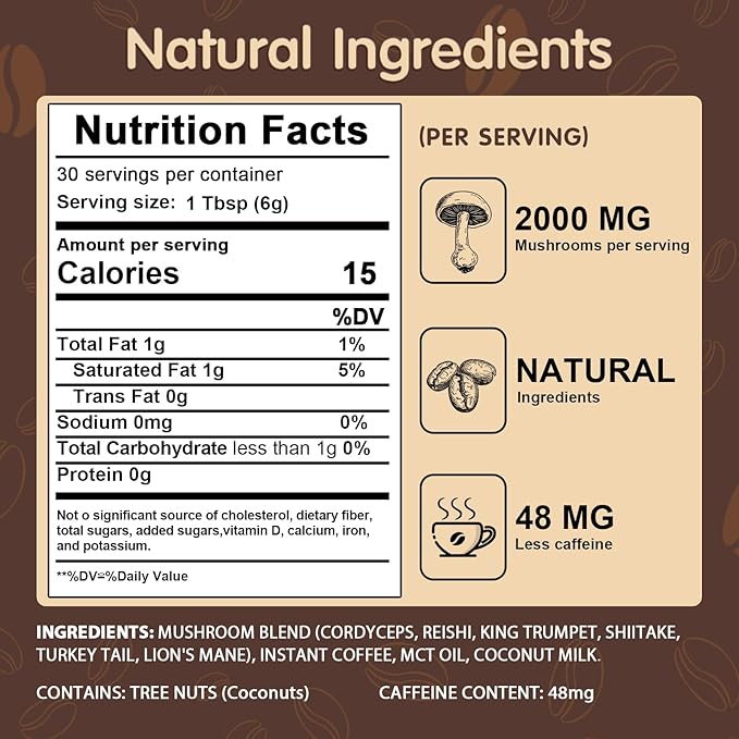 Mushroom Coffee, 6 Adaptogenic Mushrooms with Lion's Mane, Cordyceps, Turkey Tail & More, Instant
