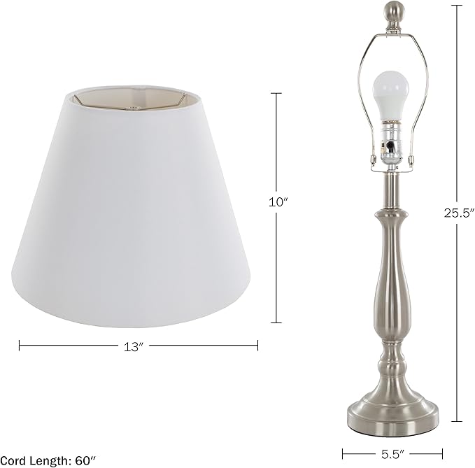 Brushed Steel Table Lamps - Set of 2 Traditional Accent Lights with LED Bulbs - Home Décor for