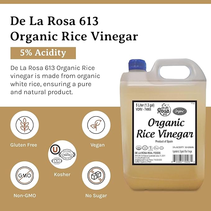 De La Rosa Organic Rice Vinegar 5% Acidity, Kosher, Rice Vinegar for Cooking, Sushi, Salad