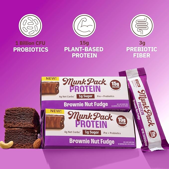 Munk Pack 15g Probiotic Keto Protein Bars - Low Sugar, High Protein -1g Sugar, 4g Net Carbs. Vegan