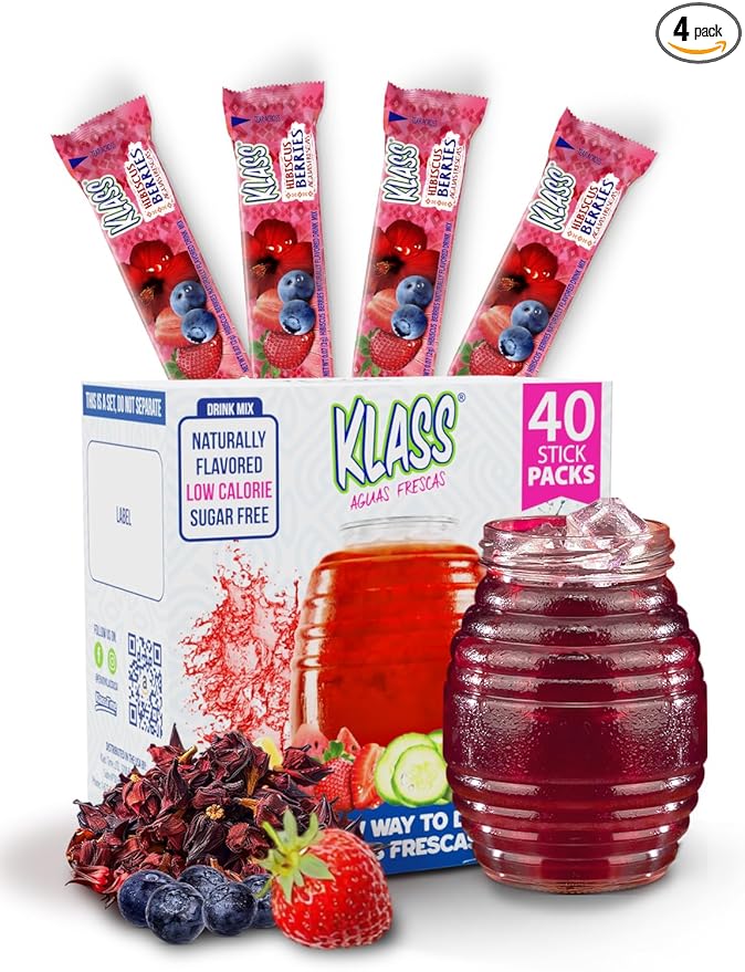 Klass Aguas Frescas | Drink Mix Hibiscus Berries | Sugar Free! (Pack of 4, 40 Count Powder Stick