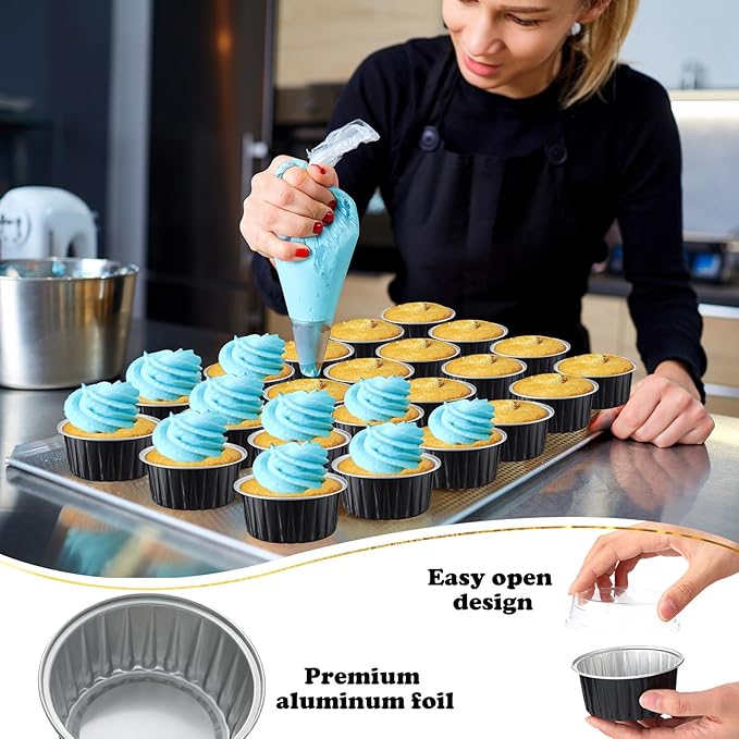 Gejoy 400 Pcs Aluminum Foil Baking Cups with Lids 5 oz Disposable Ramekins Mini Cake Pans Creme