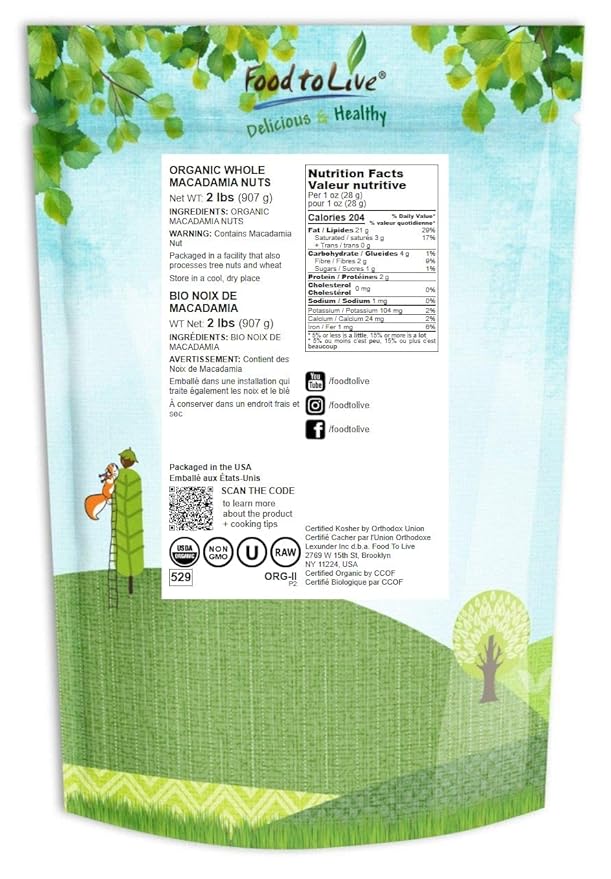 Food to Live Organic Whole Macadamia Nuts, 2 Pounds – Non-GMO, Raw, Shelled, Unsalted, Kosher
