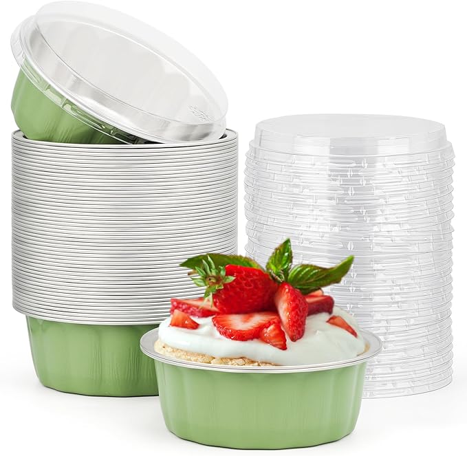 Beasea Disposable Ramekins 8oz, 50 Pack Pea Green Aluminum Foil Cups with Lids, Disposable Creme