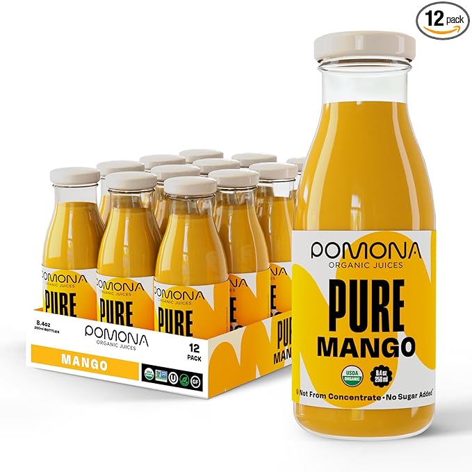Pomona Organic Juices Pure Mango Juice, 8.4 Ounce Bottle (Pack of 12), Cold Pressed Organic Juice