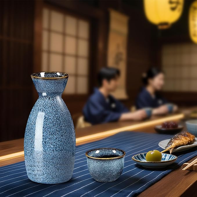 DUJUST 10 pcs Japanese Sake Set with Warmer for 6, Kiln Altered Glaze Porcelain Sake Set, 6 Sake