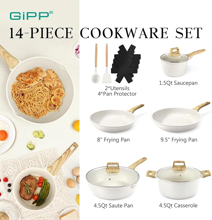 GiPP Pots and Pans Set Non Stick - 14 Pcs White Granite Kitchen Cookware Sets Nonstick Induction