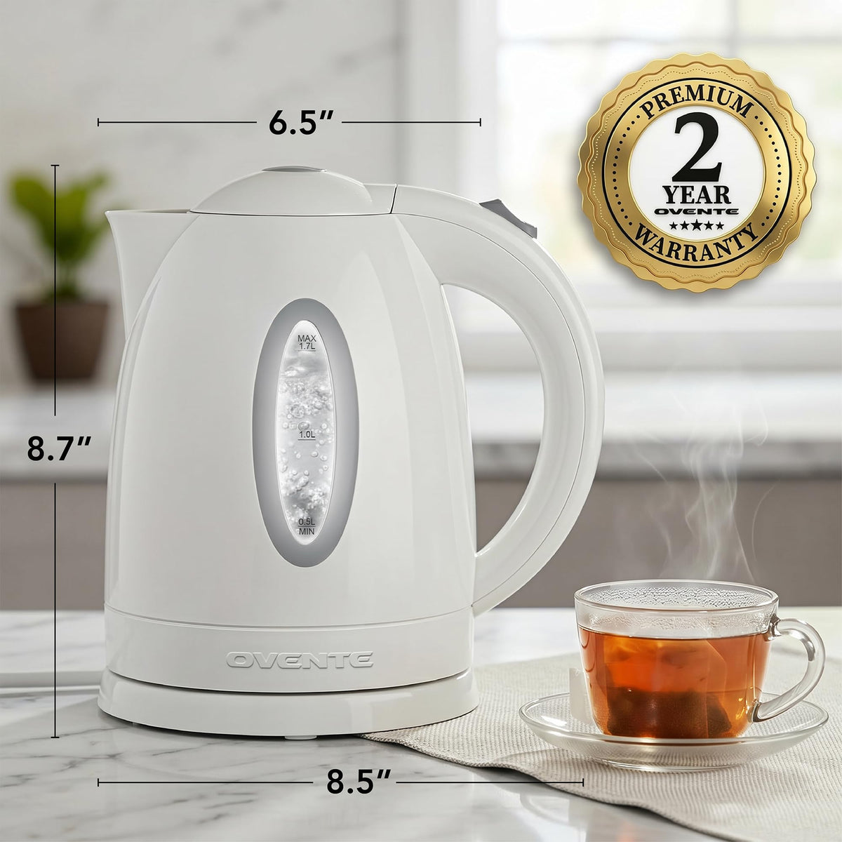 OVENTE 1.7L Electric Kettle with 1100W Fast Boiling Water, White KP72W