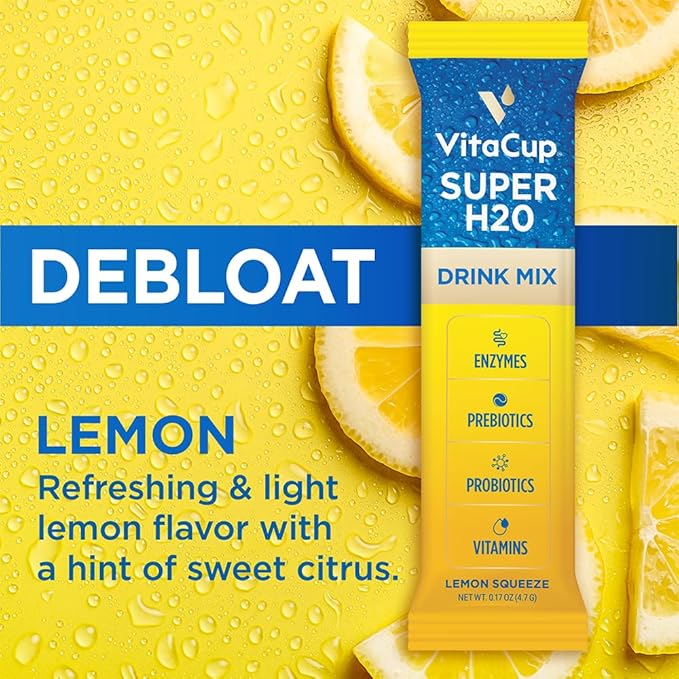 VitaCup Super H2O Bloating Relief and Digestive Health Drink Mix Packets, Probiotics, Prebiotics, C