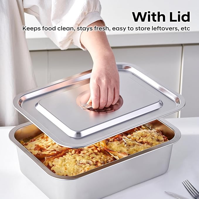 4-Piece 4 Inch Extra Deep Lasagna Baking Pan with Lid, 11x14.2Inch 7.4QT Large Stainless Steel