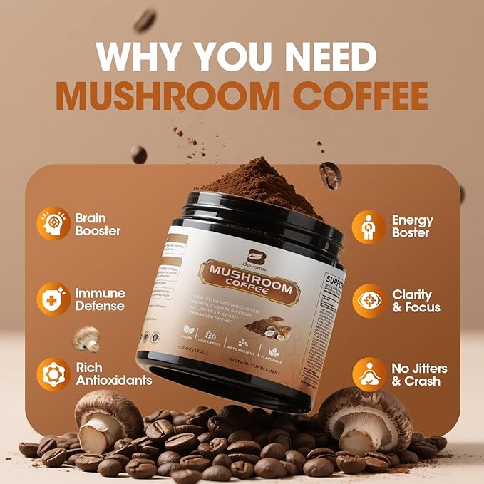 B BEWORTHS 2Pack Mushroom Coffee Powder with MCT Oil - 10 Mushroom Lion's Mane, Turkey Tail