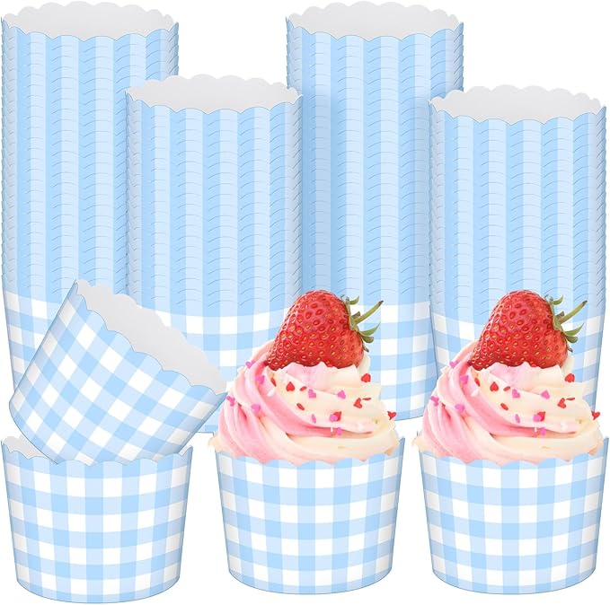 Vesici 150 Pcs Blue Gingham Ice Cream Cups 5oz Dessert Paper Bowls Gingham Scalloped Cupcake Cups