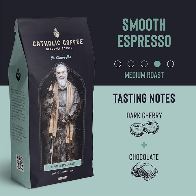 Catholic Coffee Padre Pio | Medium/Dark Roast Ground Coffee ??Dark Cherry & Chocolate Notes | 12oz