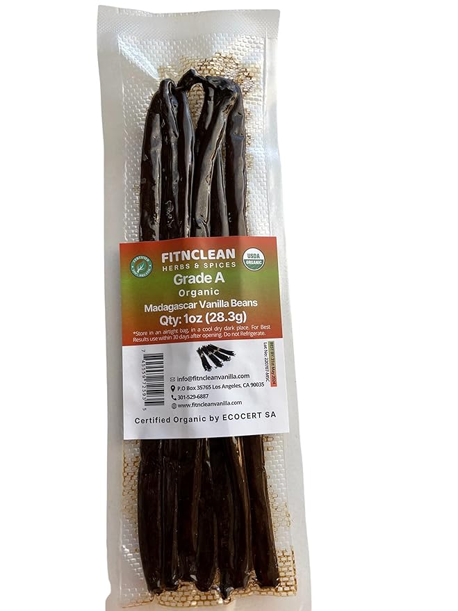 1oz. Madagascar Organic Vanilla Beans Gourmet Grade A. Certified USDA Organic 6"-7.5" by FITNCLEAN