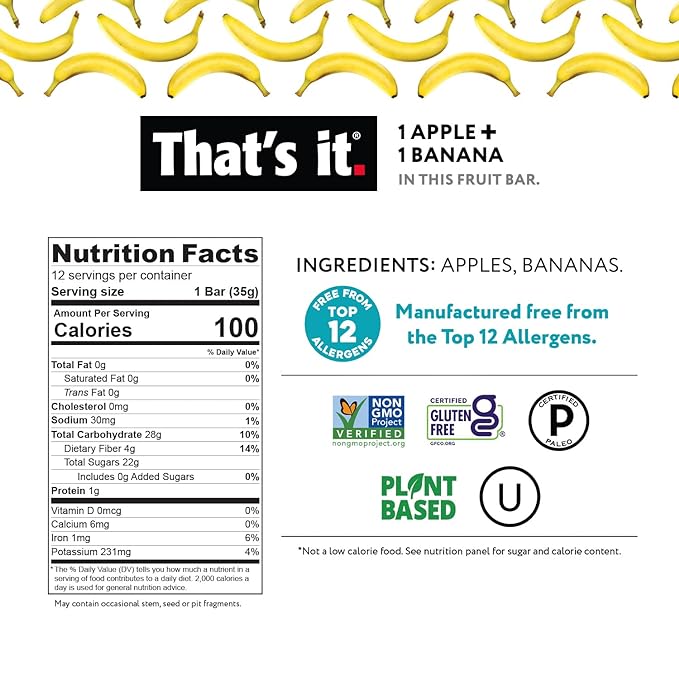 That's it Apple + Banana 100% Natural Real Fruit Bar, Best High Fiber Vegan, Gluten Free Healthy