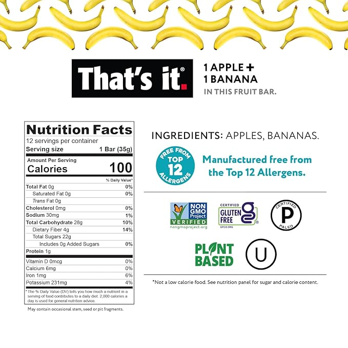 That's It Nutrition Apples + Banana 100% Natural Real Fruit Bar, Paleo for Children & Adults, Non