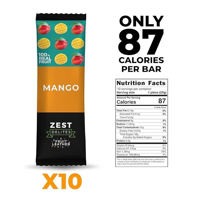 Fruit Snacks by Zest Delites, Fruit Leather, Dried Mango Bars, Healthy Snacks for Adults & Kids, No