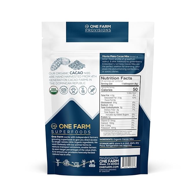 One Farm by WAAYB Organic Cacao Nibs, Single Estate, Non-GMO, Fair-Trade, Vegan, Gluten Free, 100%