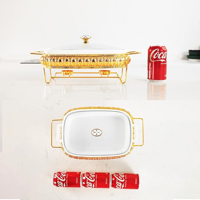 10" x 7" Ceramic Rectangular Casserole Dish with Glass Lid and Gold rack, 1.3 Quart White Serving