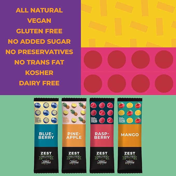 Fruit Snacks by Zest Delites, Fruit Leather Bars, Healthy Snacks for Adults & Kids, Vegan, Dried
