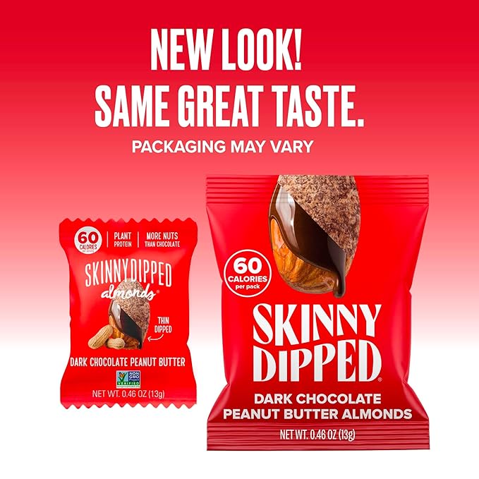 SkinnyDipped Dark Chocolate Peanut Butter Almonds, Healthy Snack, Plant Protein, Gluten Free, 0.46
