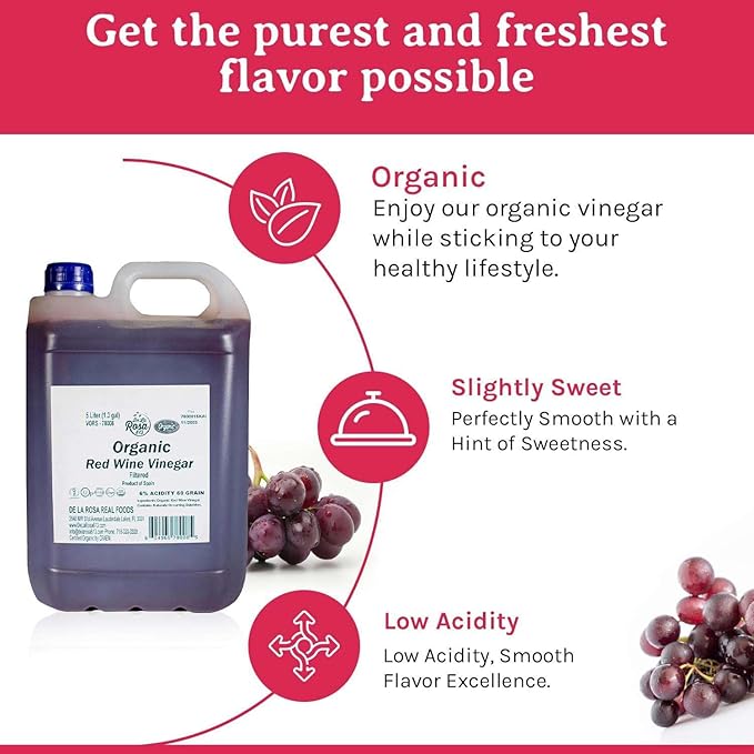 De La Rosa Organic Red Wine Vinegar, Filtered, Kosher for Passover, Vegan, Non-GMO & Gluten Free
