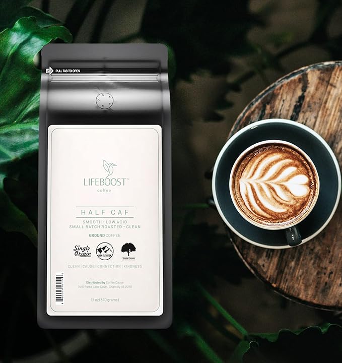 Lifeboost Coffee Half Caff Ground Coffee - Low Acid Single Origin USDA Organic Coffee - Non-GMO