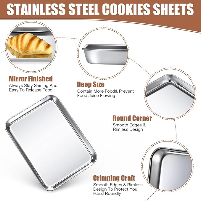 12 Pcs Baking Sheet Pan Set 9 x 6.7 x 1 Inches Cookie Sheet Small Toaster Oven Pans Stainless Steel