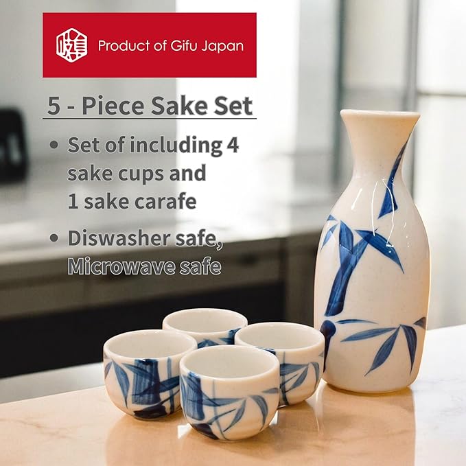 Product of Gifu Japan Japanese Sake Set, 1 Tokkuri Bottle Carafe and 4 Ochoko Cups Ceramic Sake