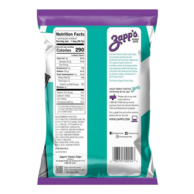 Zapp???New Orleans Kettle-Style Potato Chips Salt and Vinegar Flavor (2 oz Bags, 25 Count), Crunchy
